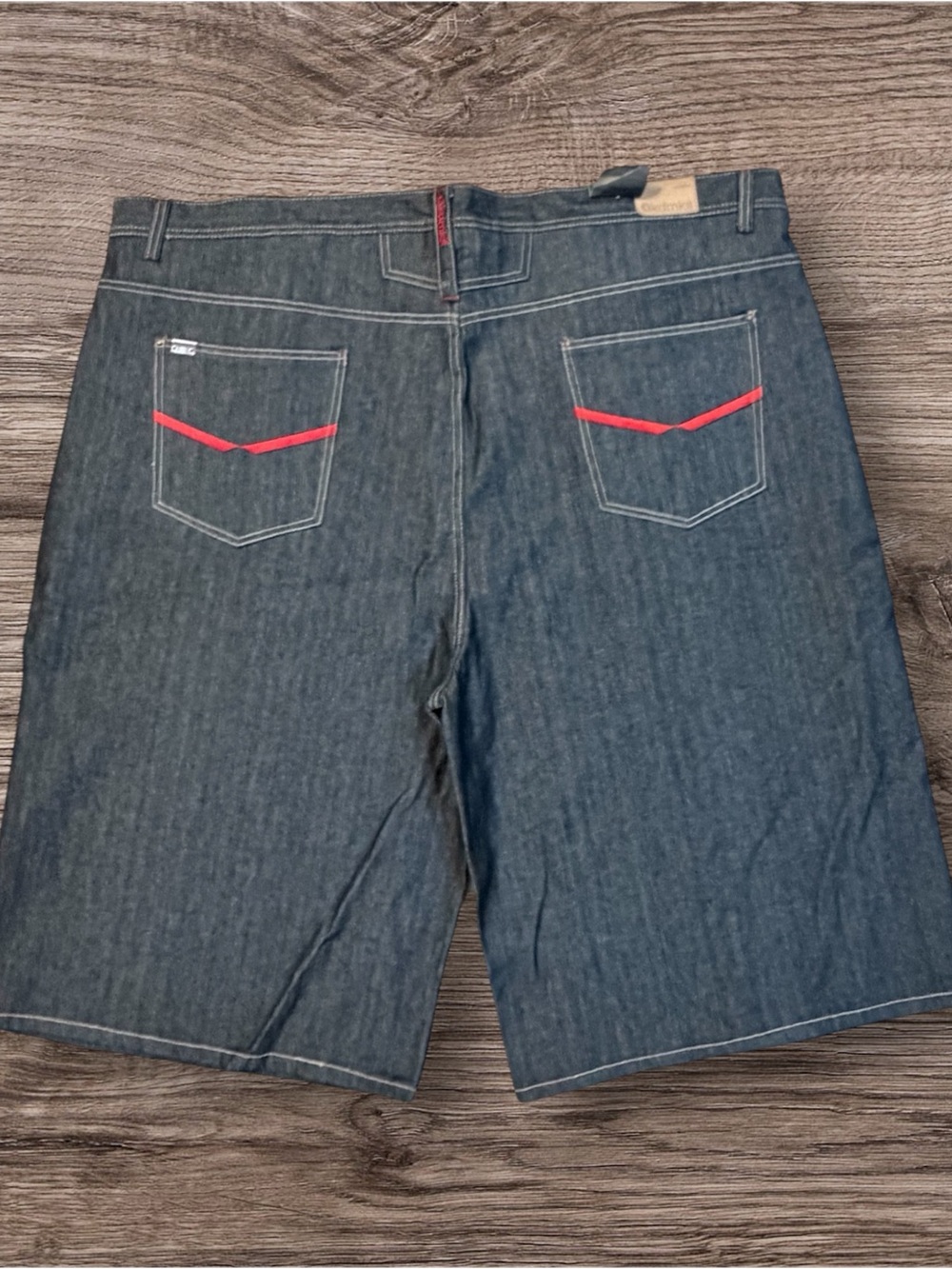 Akademiks Dark Blue Denim Shorts with Red Pocket Trim